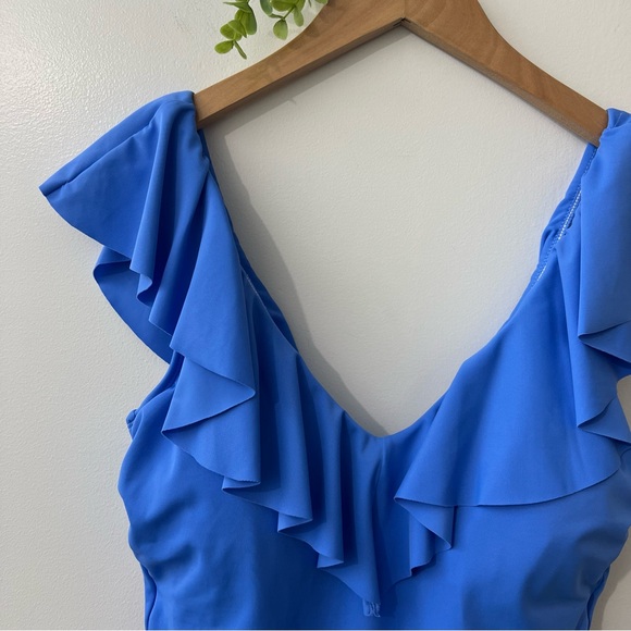Bal Harbour Blue V-Neck Ruffle One Piece Swim - Picture 2 of 12